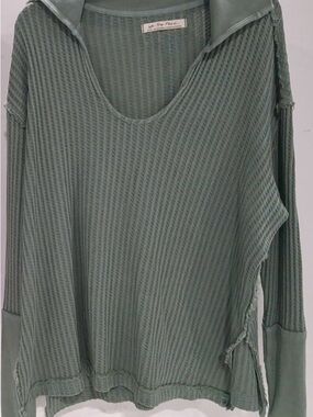 We The Free Dusty Sage Waffle-Knit V-Neck Pullover